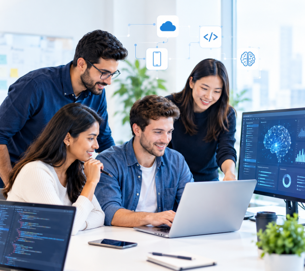 The Karmaa Source team working with clients across web, mobile and AI projects